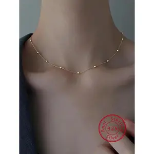 925 Sterling Silver Elegant Beaded Decor Chain Necklace for Women, Fashion Jewelry for Party, Daily Clothing Decor, Trendy & Exquisite Jewelry for Gift