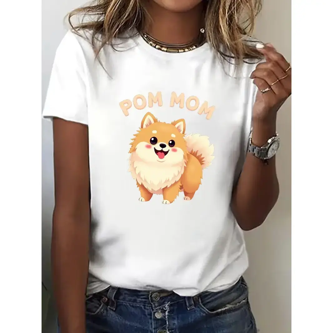 Women's Cotton Casual Short-Sleeve Round Neck Tee - Soft, Breathable, Loose Simple Everyday Top with Fluffy Pomeranian Cartoon Print, Ideal for Spring & Summer, Available in 2XL, 3XL