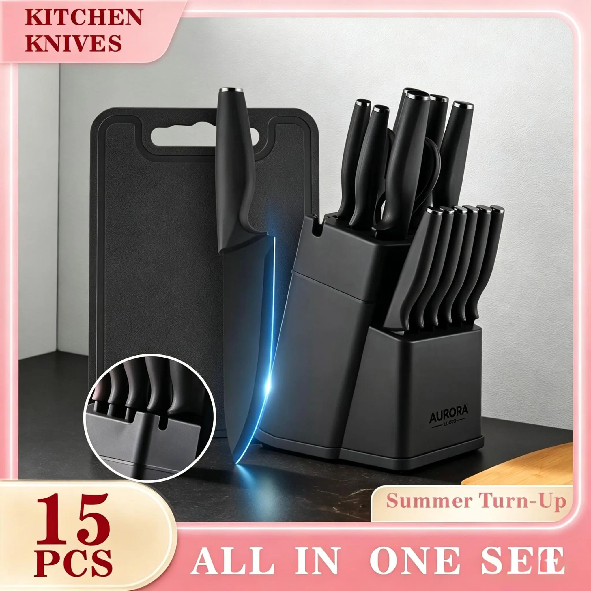 15-Piece Self-Sharpening Stainless Steel Kitchen Cutlery Set with Block, German 48HRC+ Hardness Blades, Anti-Slip Curved Handles, Black Finish, Dishwasher-Safe & Wooden Sharpener, Premium Kitchenware for Steak Prep