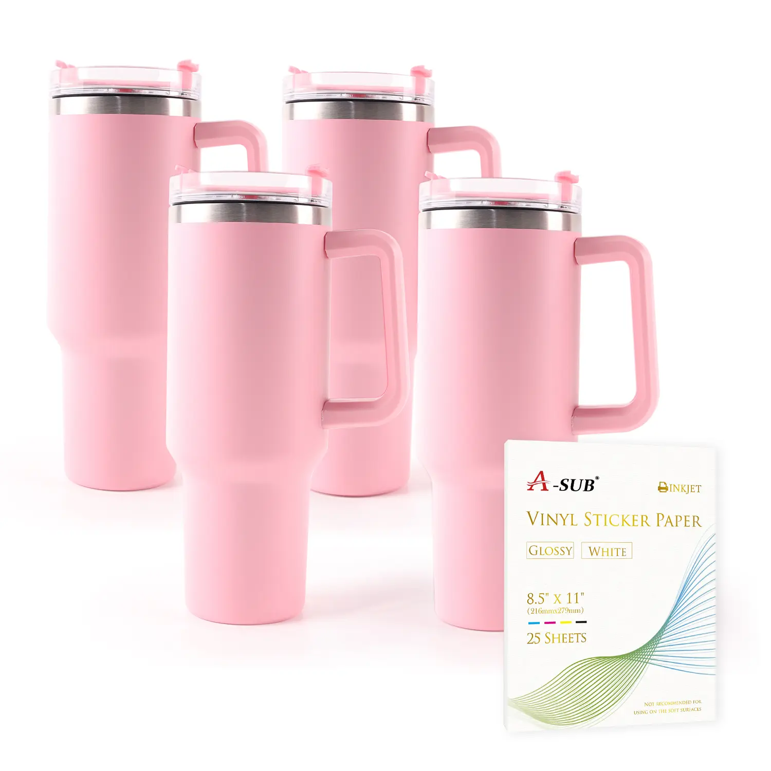A-SUB Waterproof Glossy Vinyl Sticker Paper 25 Sheets & Pink Tumbler with Handle 4 Pack 20oz for UV DTF Waterslide Inkjet Printing Custom Crafting