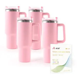 A-SUB Waterproof Glossy Vinyl Sticker Paper 25 Sheets & Pink Tumbler with Handle 4 Pack Blank Cup for UV DTF Waterslide Inkjet Printing