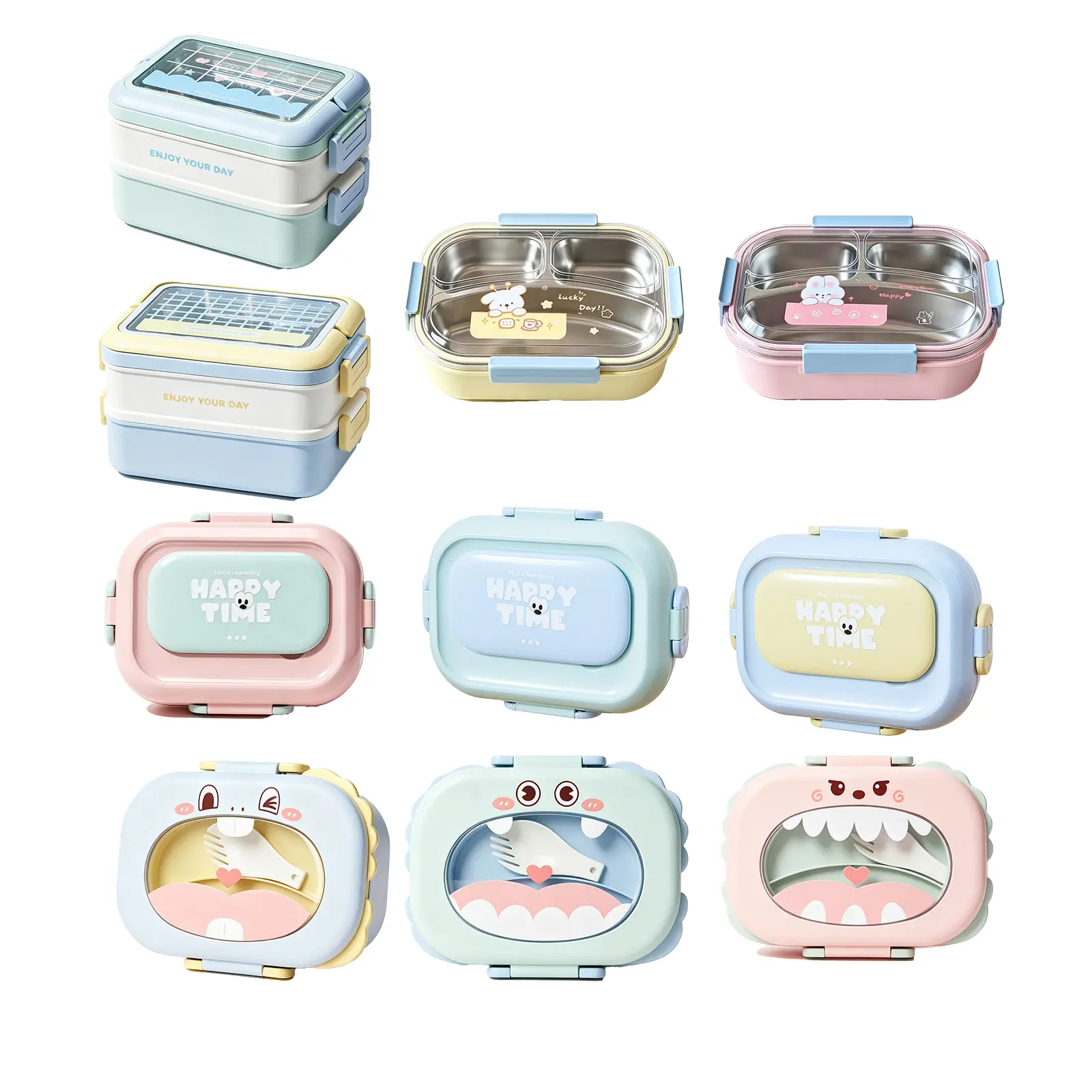 10Sets Multi-Style Cute Cartoon Stainless Steel Bento Lunch Box, Leakproof Airtight Compartment Food Container with Utensils, Stackable Portable Snack Meal Carrier for Kids Women Men Work School Picnic Travel