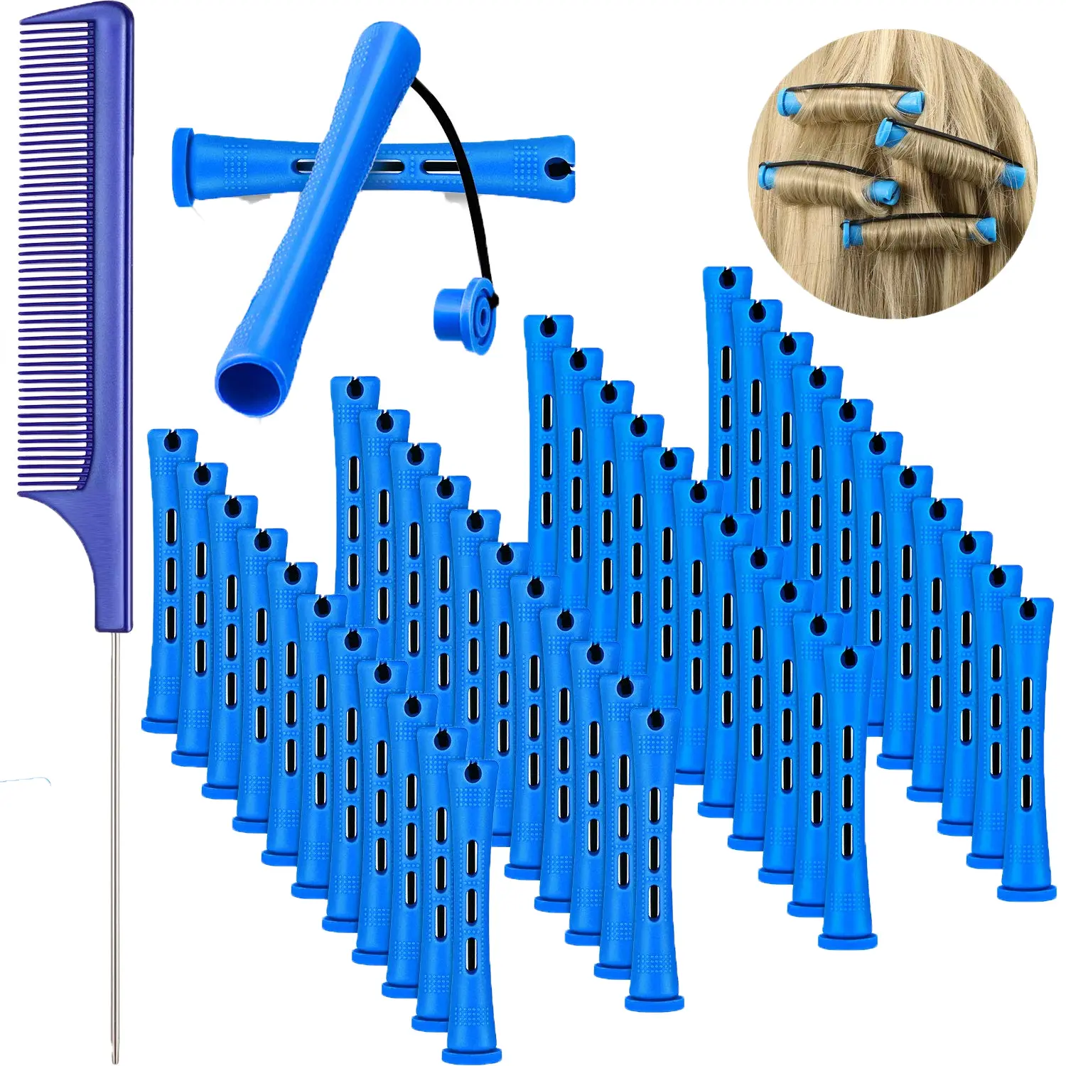 48 Pieces Short Cold Wave Rods, 0.35 Inch Plastic Perm Rods (Blue & Dark Blue) with 1 Steel Pintail Comb, Heatless Hair Curling Rollers for Hairdressing Styling Supplies