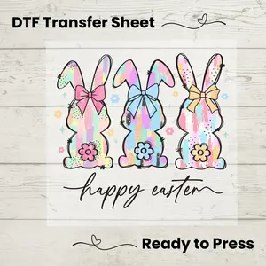 Pastel Easter Bunny DTF Transfer Sheet - Happy Easter Bows & Brushstrokes