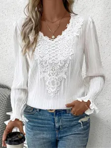 New Women's V Neck Long Sleeve Woven Solid Color Lace Loose Shirt, Casual Fashion Top for Spring & Fall, Comfortable Regular Fit Blouse Aesthetic Womenswear Fitted