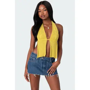 Caraway Ribbed Knit Split Front Top