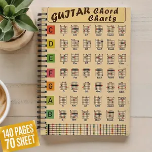 Spiral-bound Guitar Chord Chart Book, Workbook featuring chord diagrams, fingering charts, and fretboard guides a portable notebook ideal for beginners and intermediate players, Includes chords from A to G major scales, with G-C-D-Am-F-C notation
