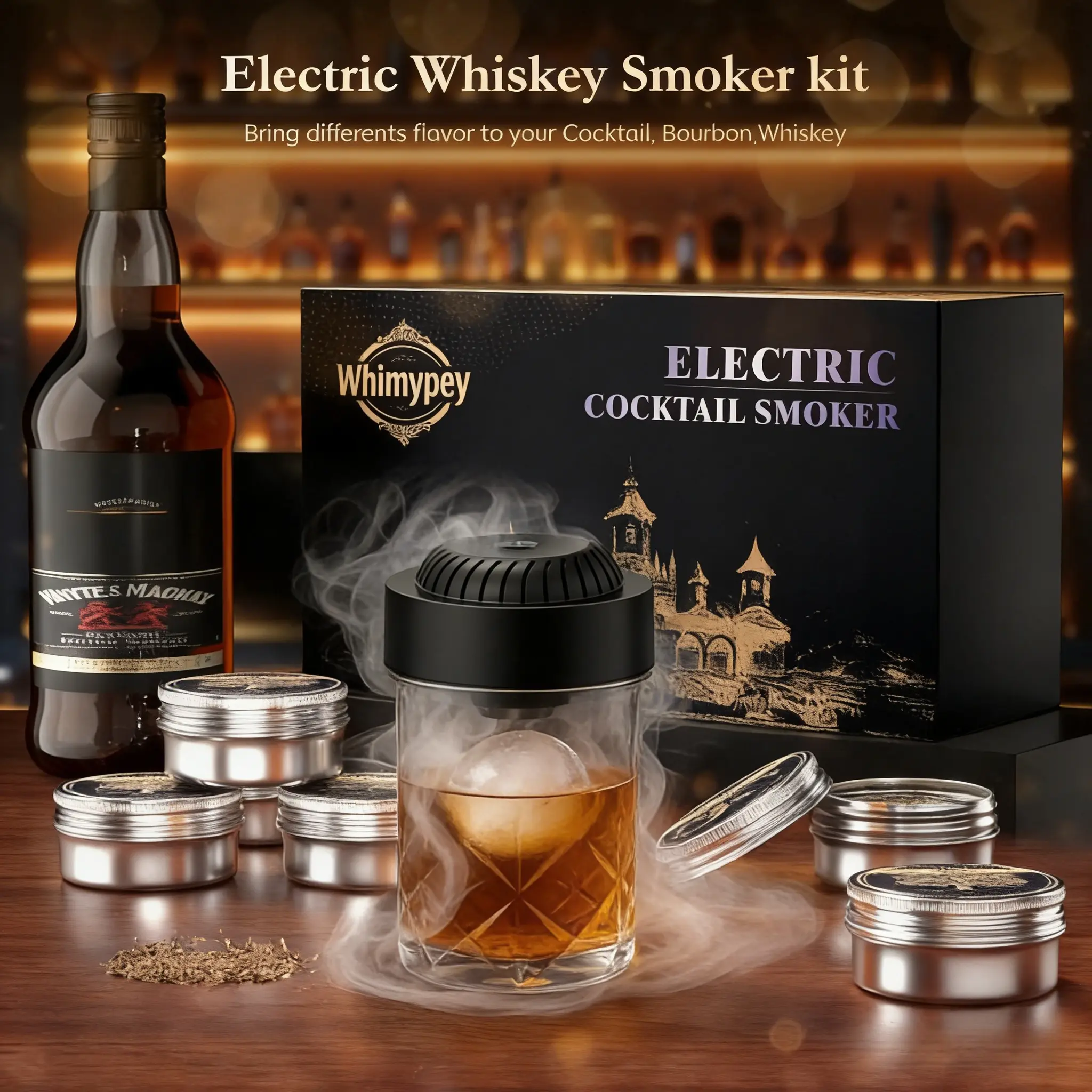 Whimypey Electric Whiskey Smoker Kit Built-in Lighter, No Butane Needed, Rechargeable Cocktail Smoker Kit with 6 Wood Chips, Fashioned Drink Smoker Kit, Bourbon Whiskey Gifts for Men, Dad, Husband