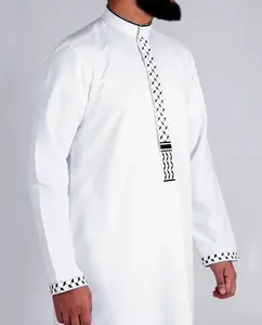 Men's Thobe with Kuffiyeh Detailing White Long Sleeves Comfortable Fit Traditional Arabic Robe for Summer Party Prom