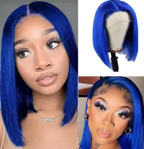 Blue Bob Wigs 13X4 HD Transparent Blue Bob Lace Front Wigs Human Hair Short Straight Transparent Front Wig Natural Density Pre Plucked Hairline Colored Bob Wigs for Women SoftFlowing Easy Install Comfortable Daily Wear Valentines Gifts For GF