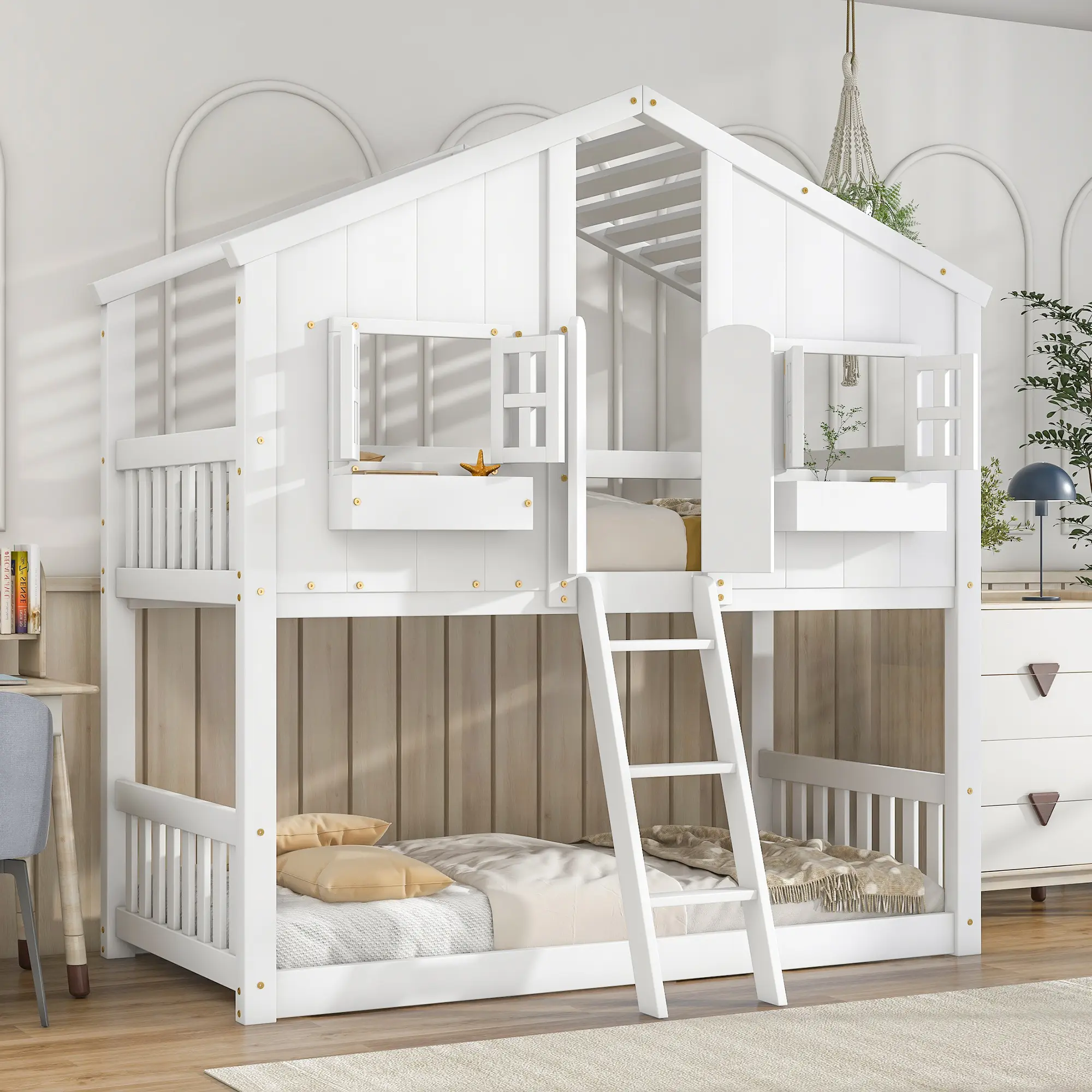Low Profile Wood Bunk Bed with House Roof Design, Twin Size Solid Pine Wood Loft Bed with Windows, Door, and Wide Ladder, High Guardrails for Safety, Sturdy Frame, Under-Bed Storage Space, Easy Assembly