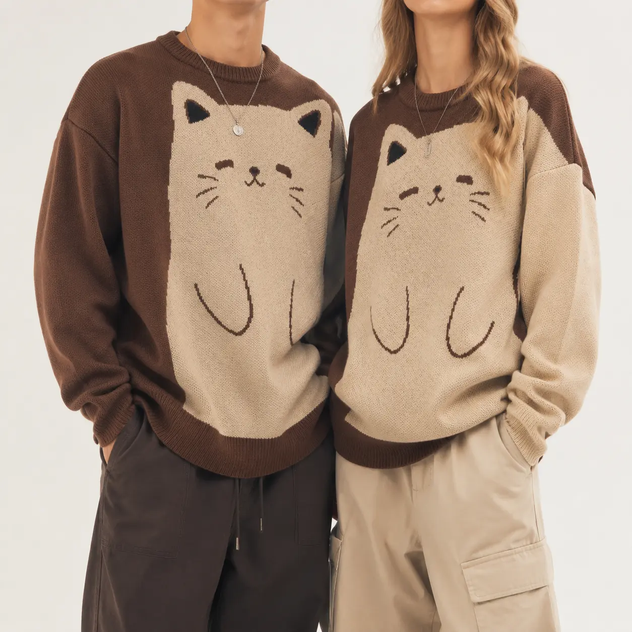Unisex Couple Matching Oversized Knit Sweater Cute Cat Graphic Pullover Brown Color Block Crewneck Long Sleeve Jumper Harajuku Y2K Kawaii Streetwear Casual Fall Winter Cozy Warm Top Trendy Youth Student Aesthetic Mens Womens Knitwear