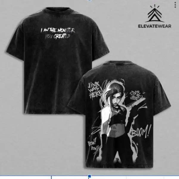 Jinx Arcane Show League of Legends Double Printed T Shirt Washed Soft Oversized Unisex Clothes Cool Game Design Shirt Game Merch Premium Cotton Streetwear Graphics Tee Summer Fashion Urban Outfit Clothes Top
