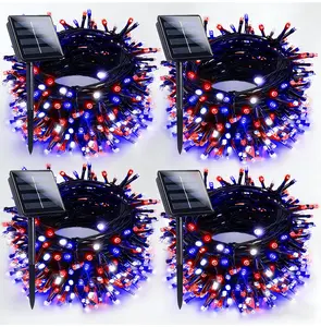 4pck Solar Christmas Lights Outdoor, Red White and Blue Solar String Lights, 400LED 132FT LED 4th of July Light ip65 Waterproof, 8modes Solar Fairy Twinkle aut Light for color-changing holiday Xmas Tree Independence Day Party house door Decorations