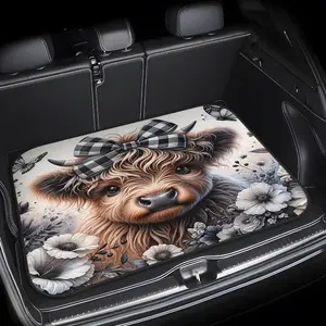 1pc Heavy-Duty Highland Cow Print Car Trunk Mat - Fit SUV, Sedan, Truck - Extra Large Scottish Cow Design with Plaid Bow & Scottish Fold-like Ears - Machine Washable Cargo Liner for Pet Travel, Camping, Auto Accessories, Car Mats