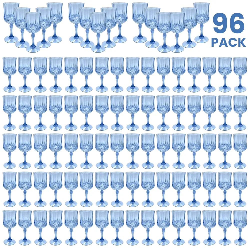 96-Pack 7oz Blue Stemmed Plastic Champagne Flutes, Stackable Lightweight Reusable Party Cups, Ideal for Weddings, Home Supplies