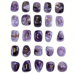 Natural Amethyst Futhark Viking Rune Stone Set, 25pcs/set Engraved Letter Norse Witchcraft Healing Crystal, Irregular Shaped Reiki Gemstones
