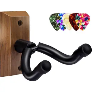 Guitar Wall Mount - Black Walnut Guitar Hanger with 5 count Picks for Acoustic, Electric, Bass, Banjo, Mandolin