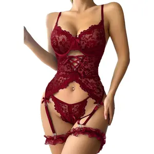 Elegant Sheer Floral Lace Corset Lingerie Set with Underwire and Garter Belt 2 Piece Sexy Matching Bra and Panty Outfit for Women