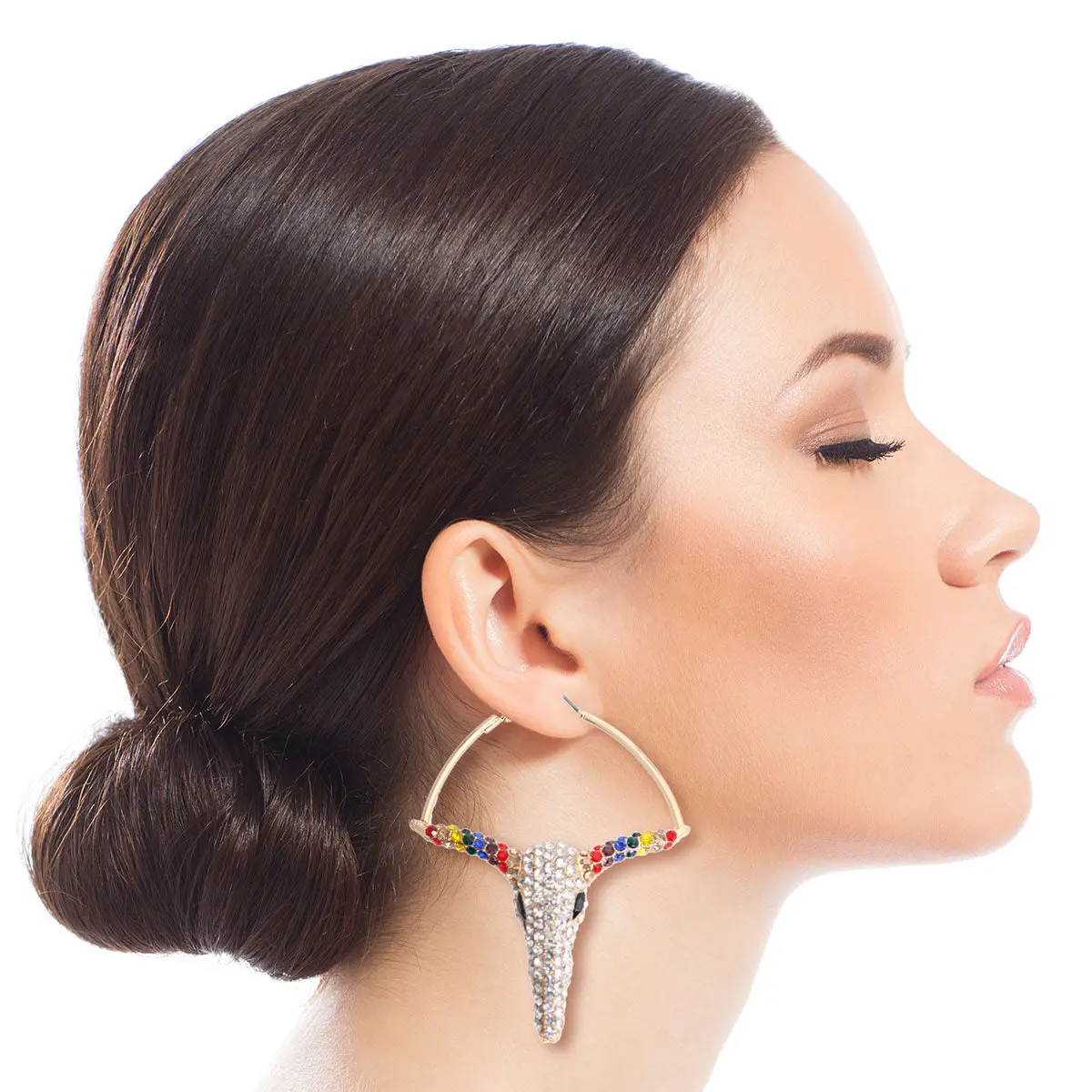 Rainbow Rhinestone Longhorn Hoop Earrings, Non-Natural Crystal Jewelry Accessories for Western Wear