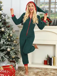 Cute Reindeer & Christmas Hat Design Women's Flannel Jumpsuit with Zipper - Cozy Hooded Lounge Suit for Indoor and Outdoor Wear in Winter and Holiday Party