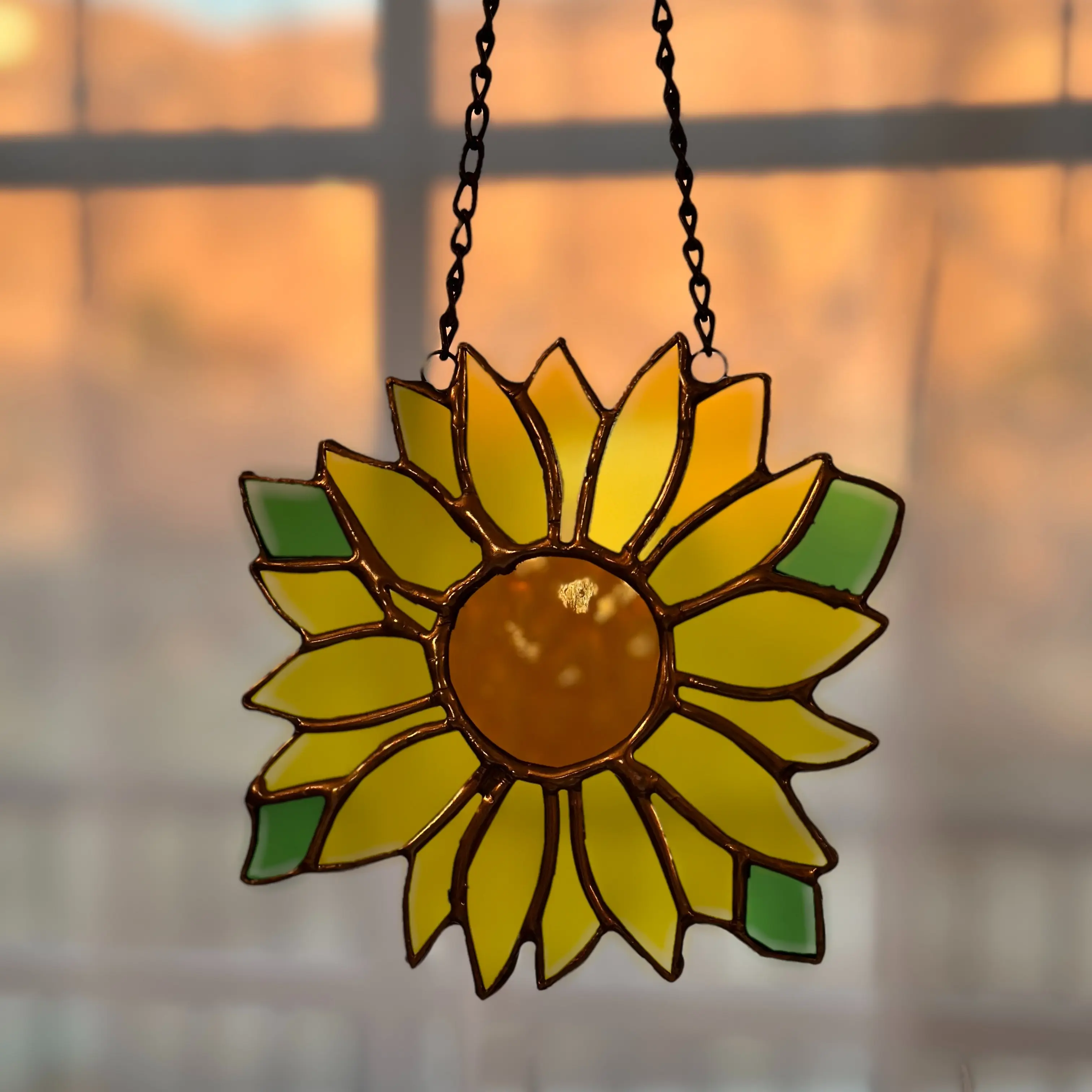 Sunflower Suncatcher, Stained Glass, Cooper and Silver finished, Size 6x6 inches.