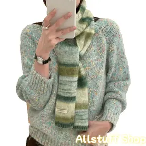 New Autumn Winter Rainbow Stripe Wool Blend Scarf Women's Niche Slender Knitted Contrasting Color Gradual Change Versatile Trendy Artistic Gradient Stripes Premium Wool Blend