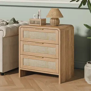 Modern Rattan Nightstand with 3 Drawers, Wooden Bedside Table for Bedroom, Boho Farmhouse End Table with Storage, Curved Oak Night Stand for Small Spaces hidden drawers
