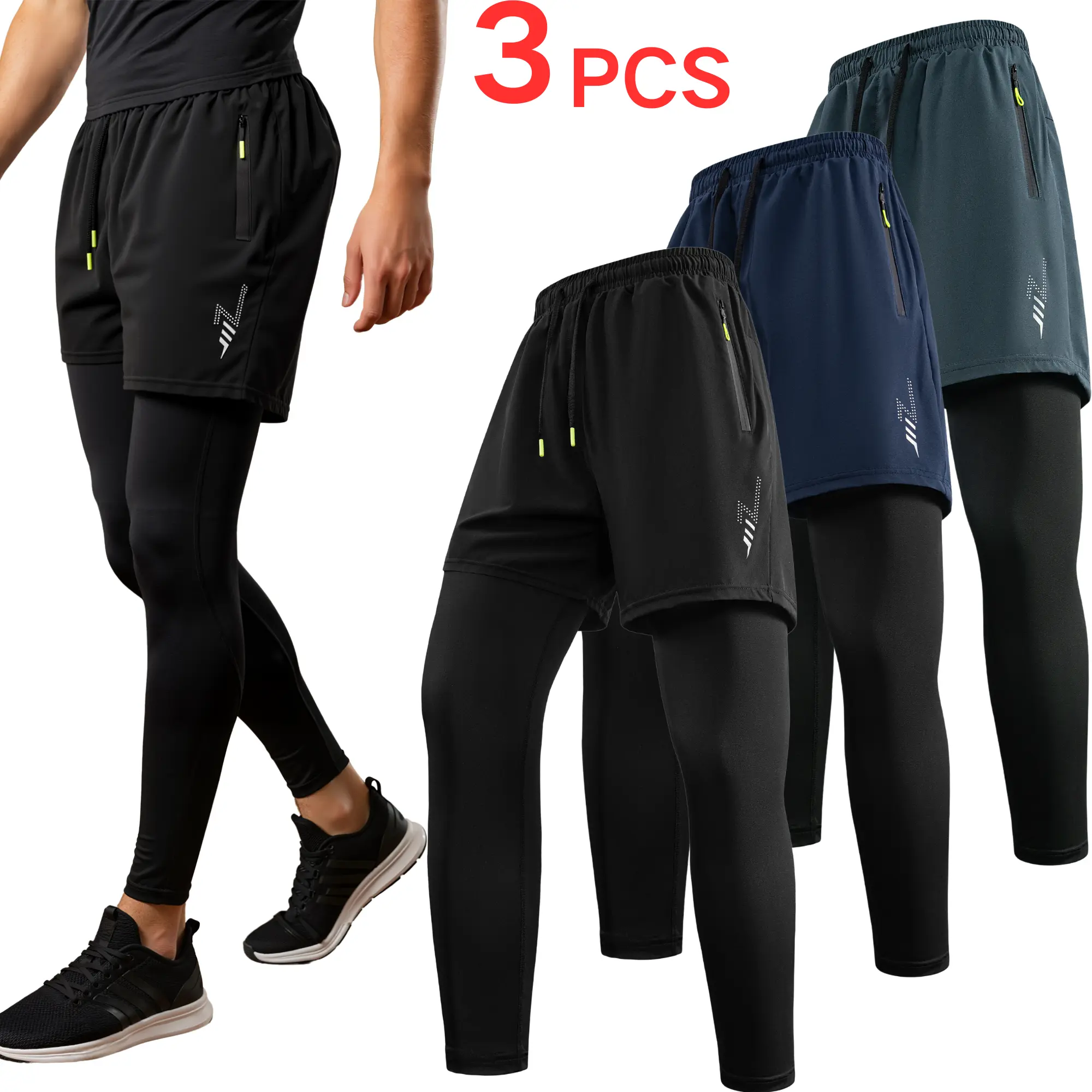 Men’s 3-Pack Faux 2-Piece Athletic Pants - American-Style Quick-Dry Double-Layer Running Training Pants, Breathable, Anti-Exposure Athletic Sportswear for Outdoor Fitness, Commuting Athletic Sportswear Breathable Athletic Bottoms Jogging Pants