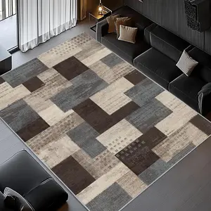 Modern Geometric Patchwork Indoor Area Rug for Living Room, Blue-Taupe Large Rug Decor for Bedroom, Blue Throw Carpet for Office Entryway Dining Room