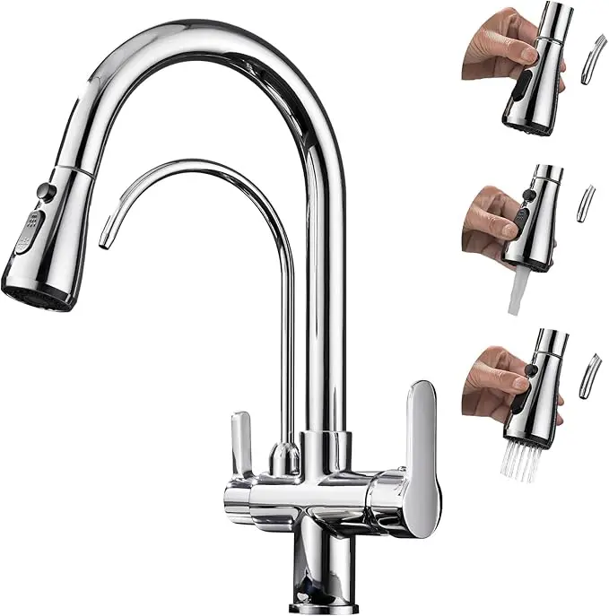 ATSHOWER Pull Out Kitchen Faucet with Water Filter Faucet, Polished Chrome Drinking Water Faucet, High Arc 2 Handle Kitchen Sink Faucet with Pull Down Sprayer for Kitchen Sink Farmhouse Bar