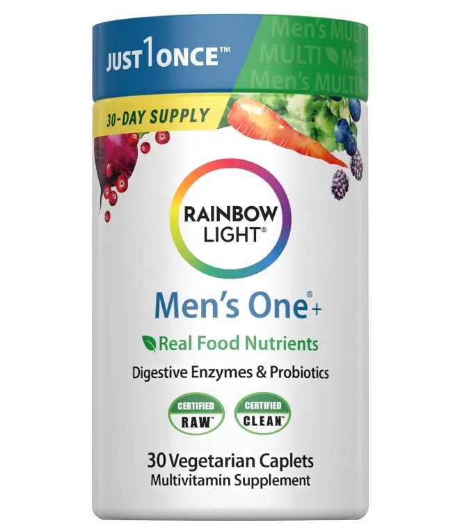 Rainbow Light Mens Multivitamin One + | 30 Caplets | Real Food Nutrients, Digestive Enzymes & Probiotics