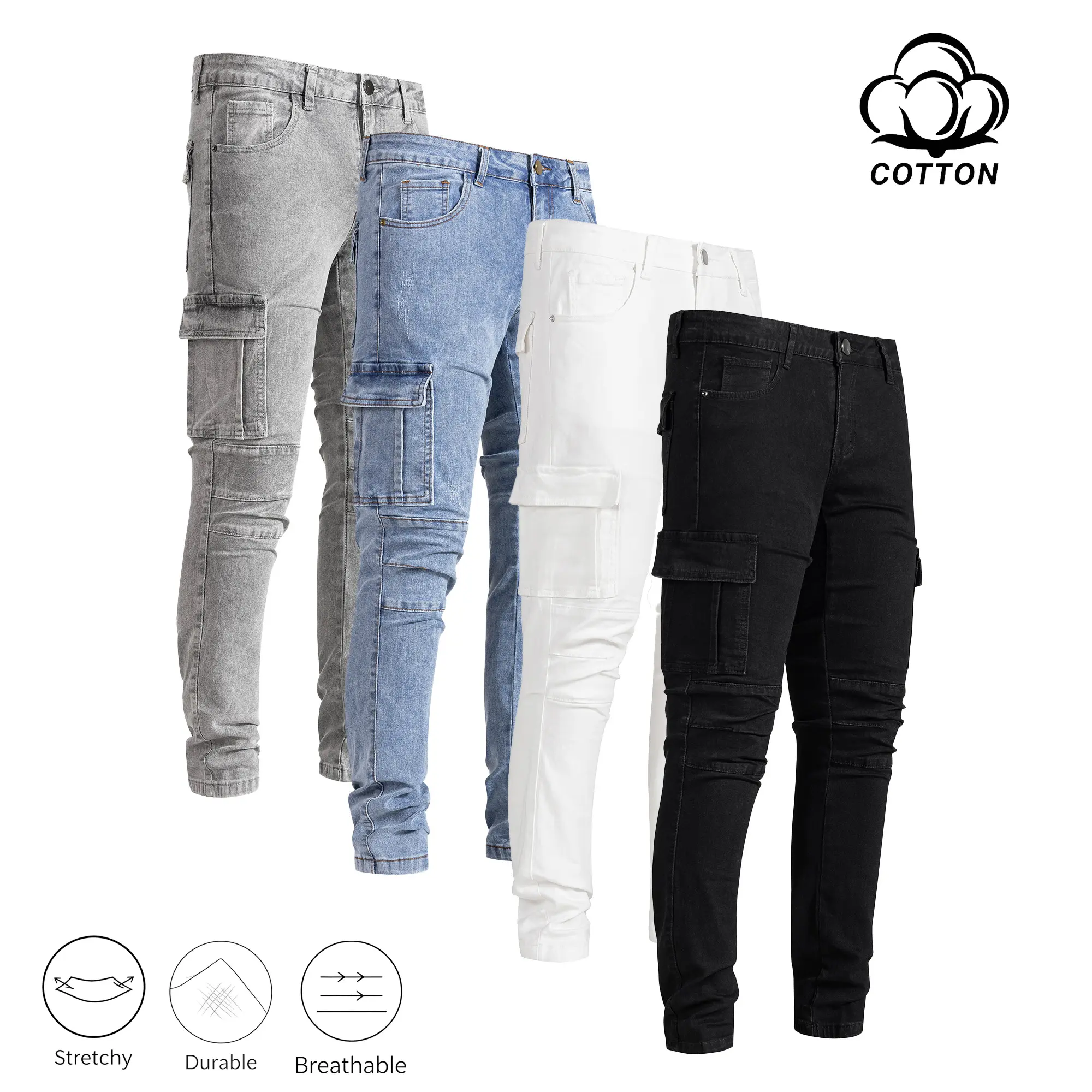 Men's Stretch Cargo Jeans with Flap Pockets - Slim Fit Washed Utility Denim Pants with Comfortable Breathable Fabric, Durable Workwear Trousers, No-Logo, 30-40, Fast US Shipping #StretchCargoJeans #MensDenim #TikTokMadeMeBuyIt