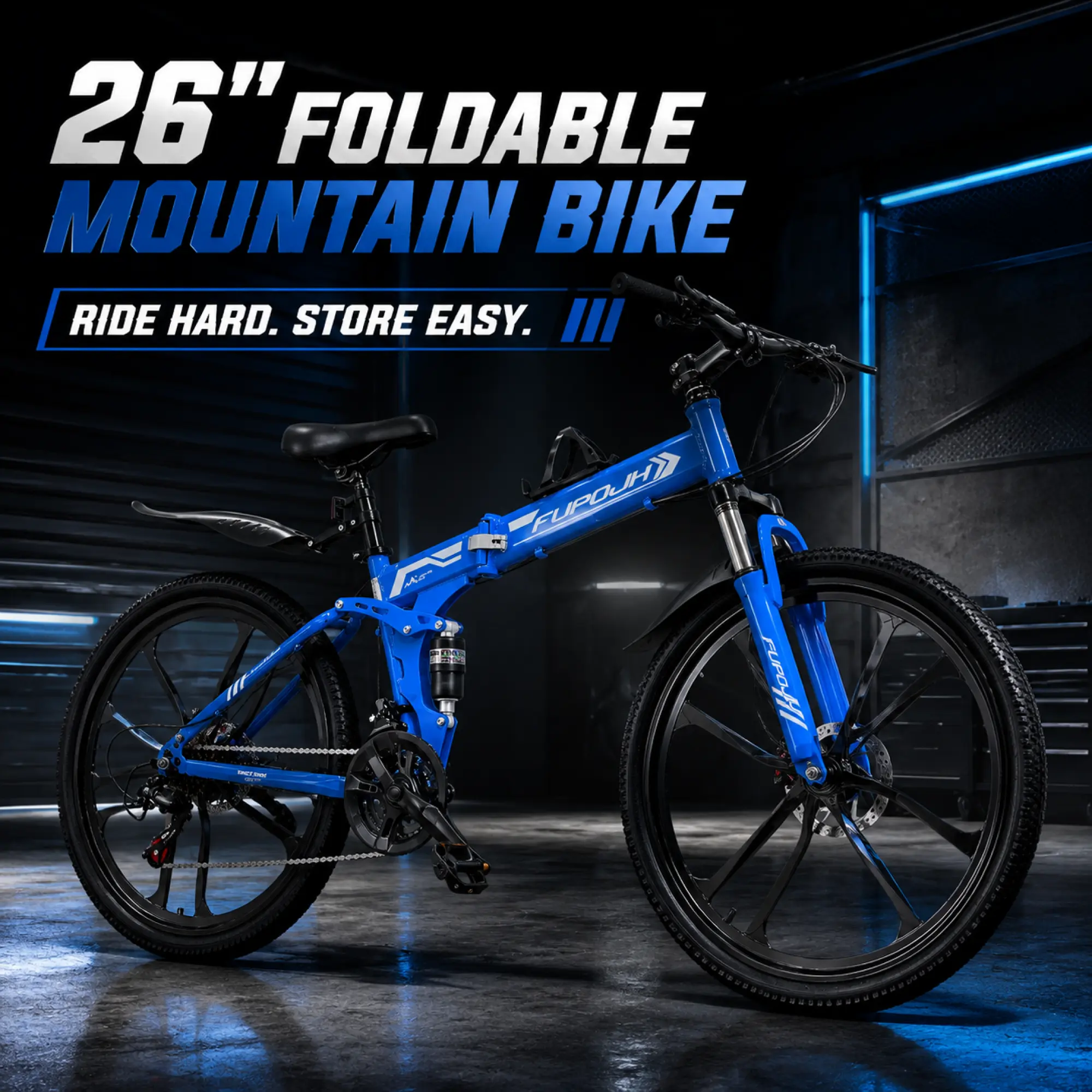 FUPOJH 26-Inch Fast Foldable Frame Mountain Bike - 21 Speed, Aluminum Alloy Frame, Full Suspension, Dual Disc Brake Safety System, Lightweight, Front Suspension Fork, All Terrain MTB for Hiking, Fitness, Commuting