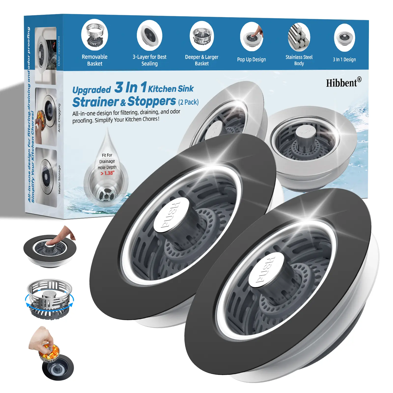 Hibbent Upgraded 3 in 1 Kitchen Sink Drain Strainer, Stainless Steel Pop Up Sink Stopper, Larger Anti-Clogging Basket, 3-Layer Seal, Detachable Drain Plug for US Standard 3-1/2" Drain, Matte Black,summervibes,campingessentials,campinggear,home essentials