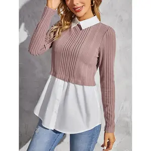 Plus Size Women's Slim-Fit Collared Shirt with Fake Two-Piece Design