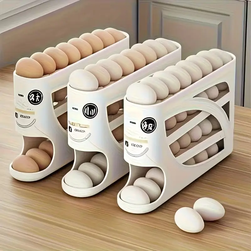 4-layer Rolling Egg Rack - Space Saving Side Door Design, Can Accommodate 30 Eggs, Smooth Glossy Surface, Convenient Handle | Suitable for Kitchen And Refrigerator Storage | Modern Kitchen Accessories | Durable Plastic Material