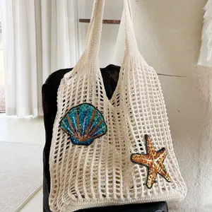 Women’s Starfish & Seashell Decor Handmade Tote Bag, Large Capacity Beach Vacation Shoulder Bag, Nautical Coastal Casual All-Match Daily Use Fashion Purse