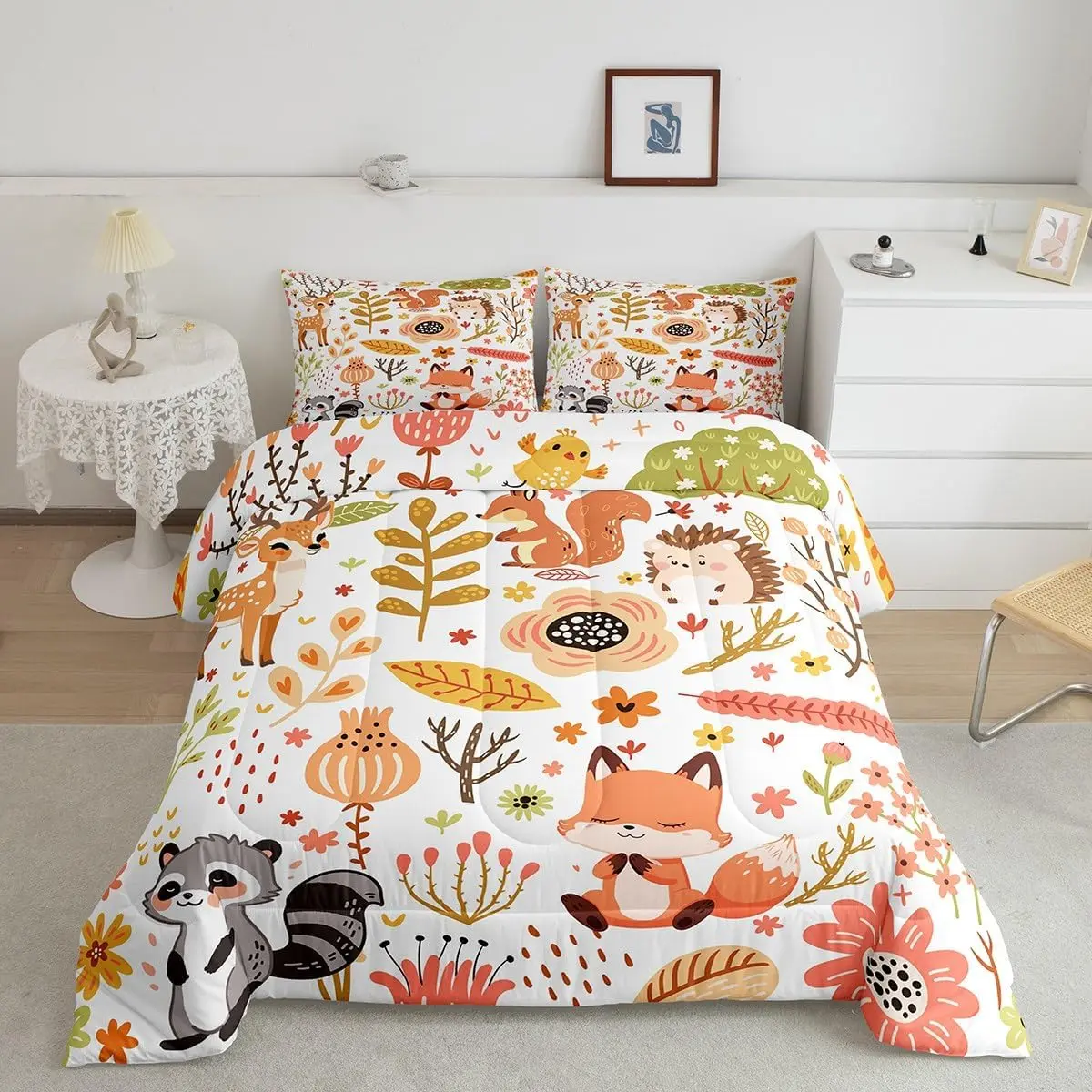 Feelyou Multi-Size Breathable Animal Print Duvet Set - Microfiber Bed Comforter, Bedroom Bedding Set with Cute Fox, Woodland Raccoon, Flower and Leaf Kawaii Prints, Bed Comforter Sets