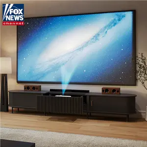 126" Mid-Century Modern Electric TV Stand with Ultra-short Throw Projector Cabinet , Electrically Operated & Linkable to Projector, One-Click Automatic Telescopic Function, Remote Control, Vertical Slatted Design, Walnut Color