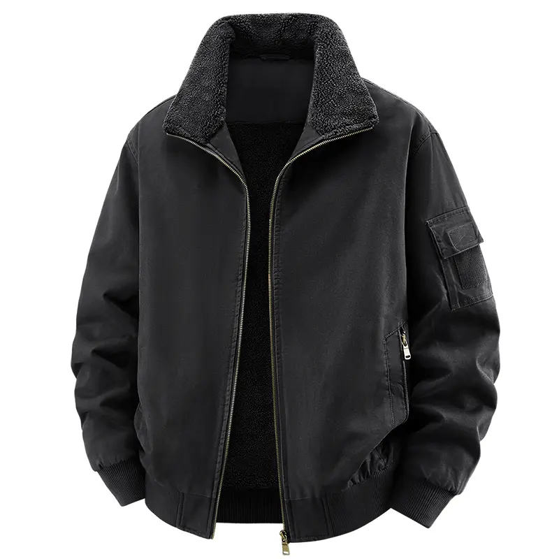 Men’s military-style baseball jacket with a thick plush fleece lining, stand collar, metal zipper, arm pockets, ribbed cuffs at the hem—winter windproof vintage workwear outerwear, loose fit for everyday commuting, warm outdoor casual jacket.