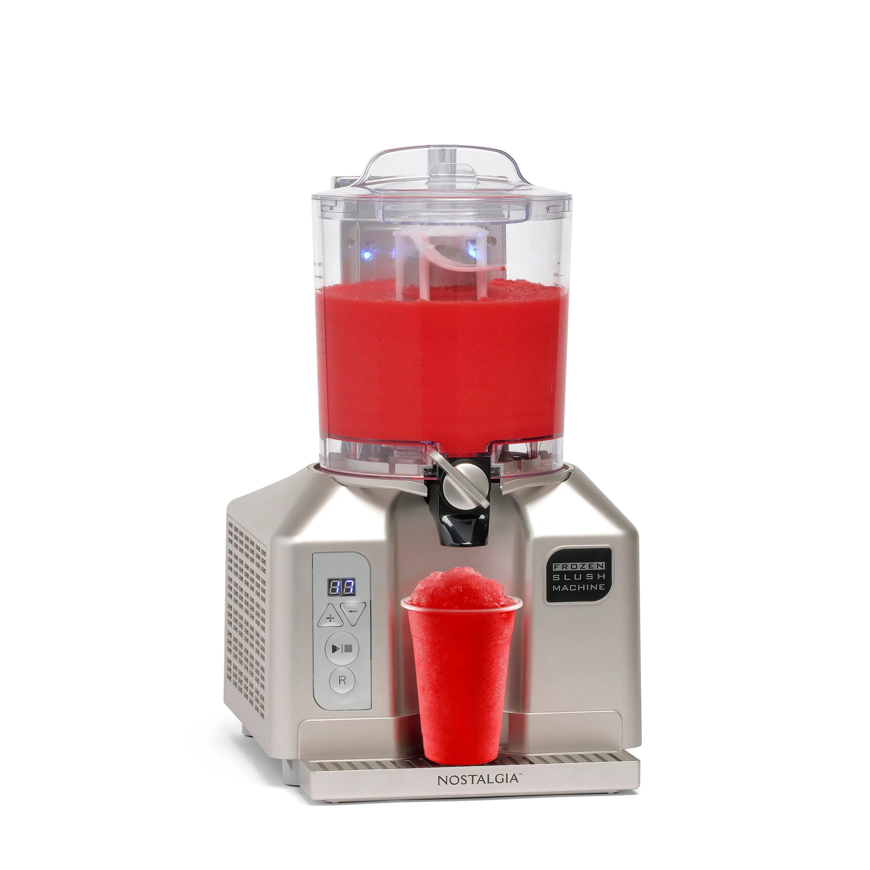 Nostalgia Professional Frozen Slush Machine - 2.8-Liter Capacity, Digital LED Control Panel, Lighted Design, Smooth Pour, Automatic Cleaning Mode
