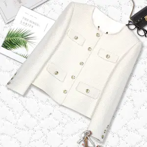 DUSHE Women's Minimalist Long-Sleeve Crew Neck Button White Tweed Jacket - 2026 Autumn Winter High-End Lady's Outerwear, Elegant Clothes for Women's Jackets