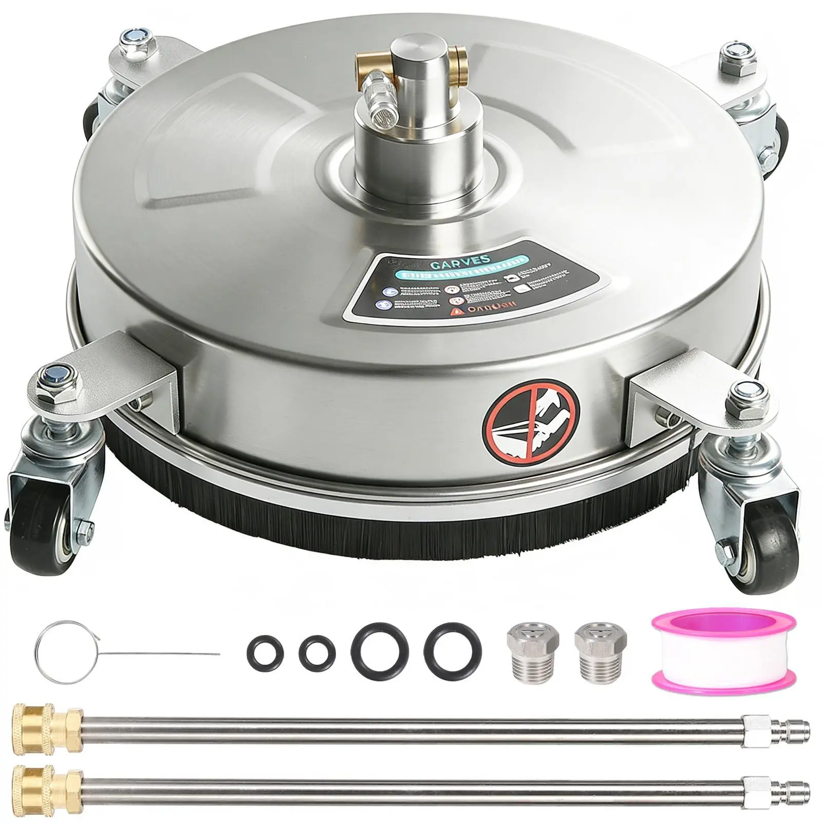 18-in Stainless Steel Pressure Washer Surface Cleaner Attachment Kit, 4-Wheel Patio Tool for Driveway, Deck Cleaning