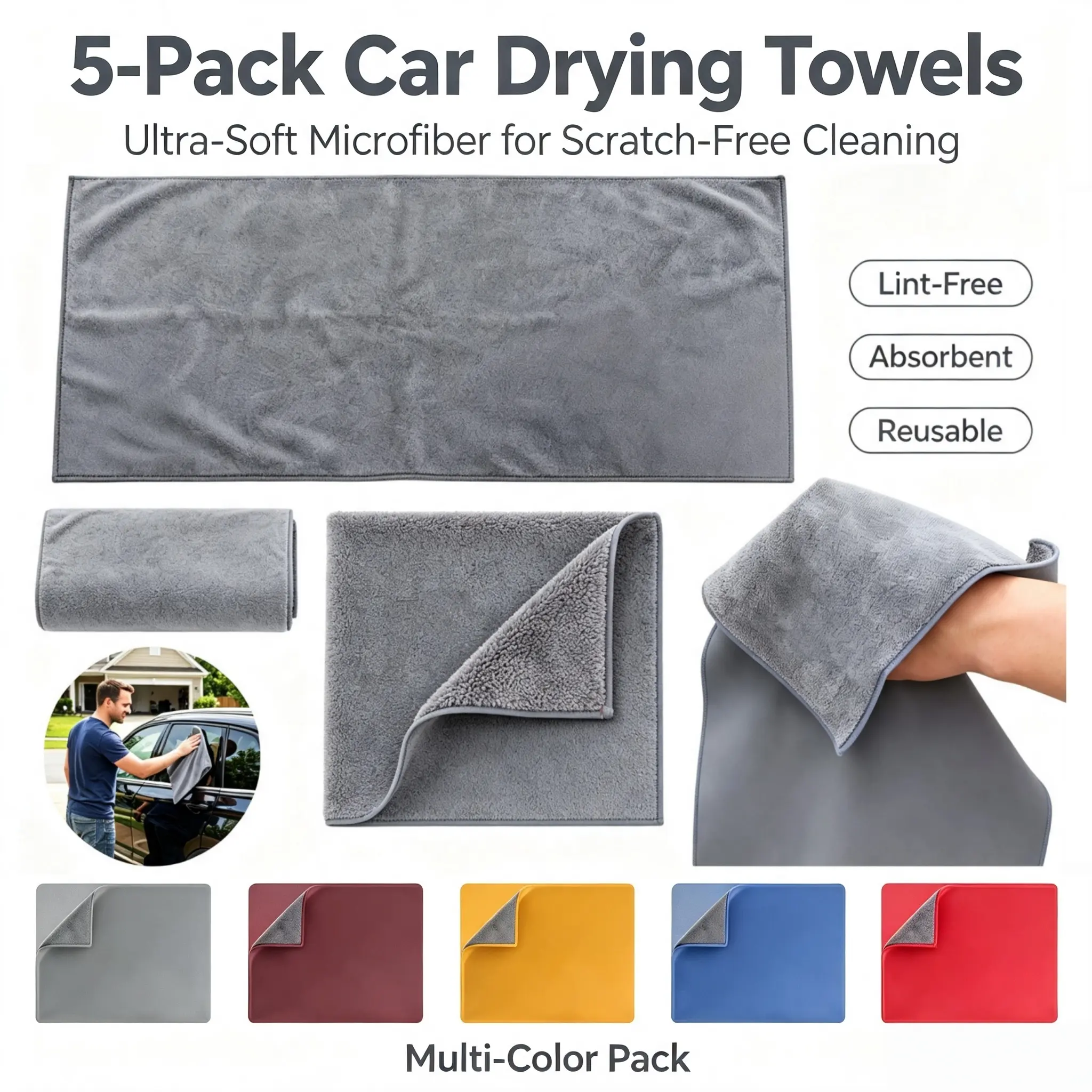 5 Pack 12"x24" NEW Soft Microfiber Car Drying Towels Set, Ultra Absorbent Microfiber Cleaning Cloths, Streak-Resistant, Scratch-Safe Wipe, 40cm x 60cm Water Spot-Resistant Auto Detailing Towels for Cars Trucks SUV VAN Pickup