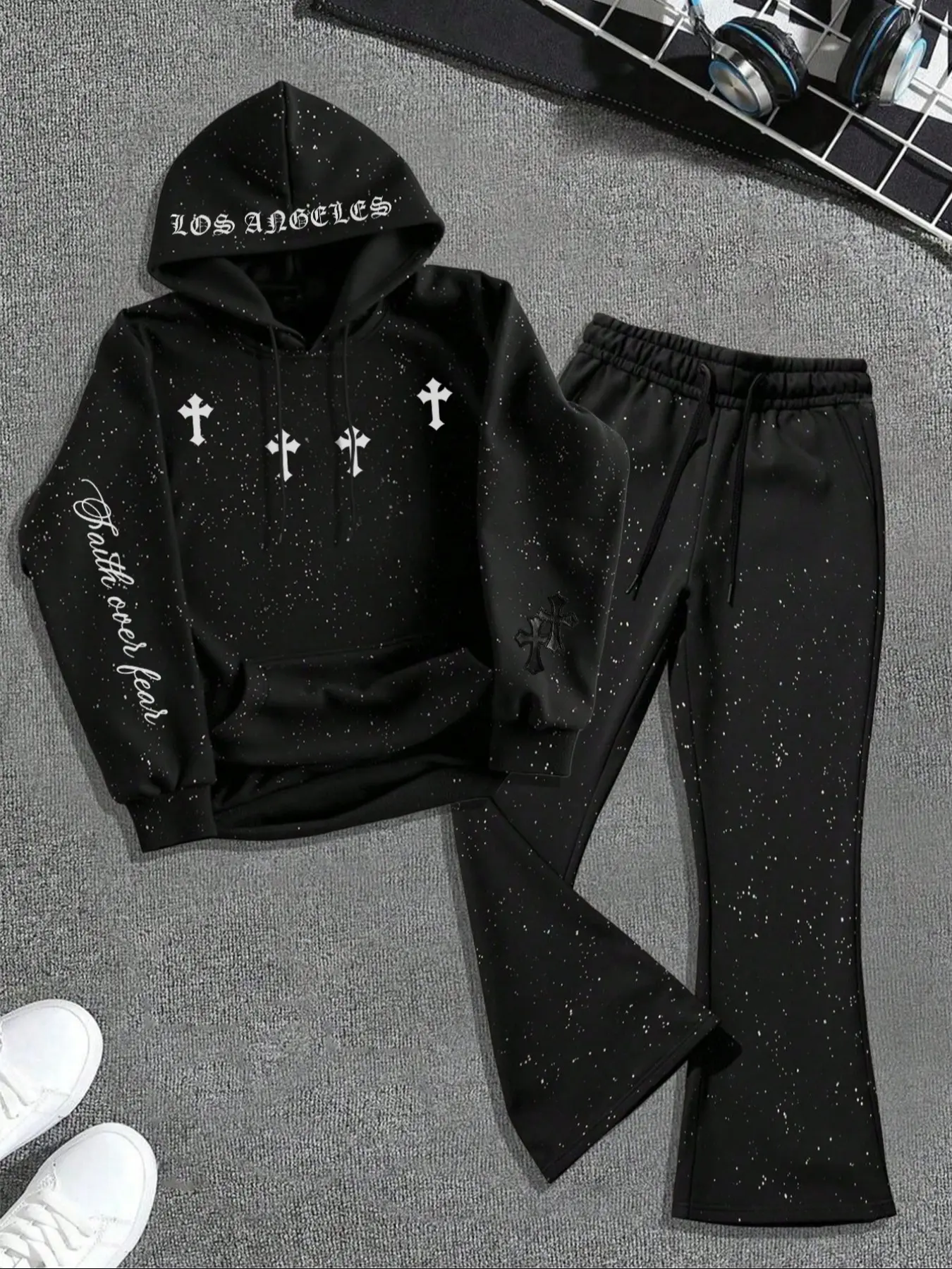 2pcs Men'S Hooded Sweatshirt, Boxy Hoodie And Bell Bottom Pants Set, Dark Gothic Cross Element Graphic Pullover Sweatshirt, Starry Sky Dyeing Process Design, Kangaroo Pocket, For Daily Casual Vacation Outdoor Wear, Fall & Winter Outfits