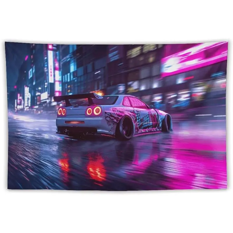 R32 Car Tapestry for Men Teen Boys, Neon Street Wall Hanging Decoration Cool Drift Car Tapestries For Bedroom Living Room Dorm Jdm Car Rainy Night Wall Decor