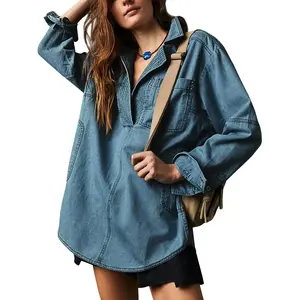 Women's denim pullover casual V-neck shirt loose long sleeved denim jacket with pocketsRAIMENTRY