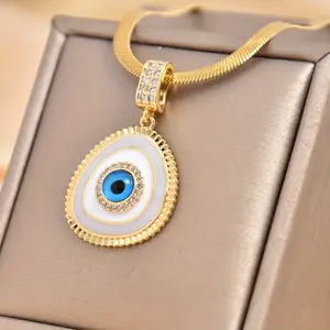 1 chic gold blue evil eye pendant necklace with glittering cubic zirconia halo - titanium steel for everyday and party wear, cute necklace