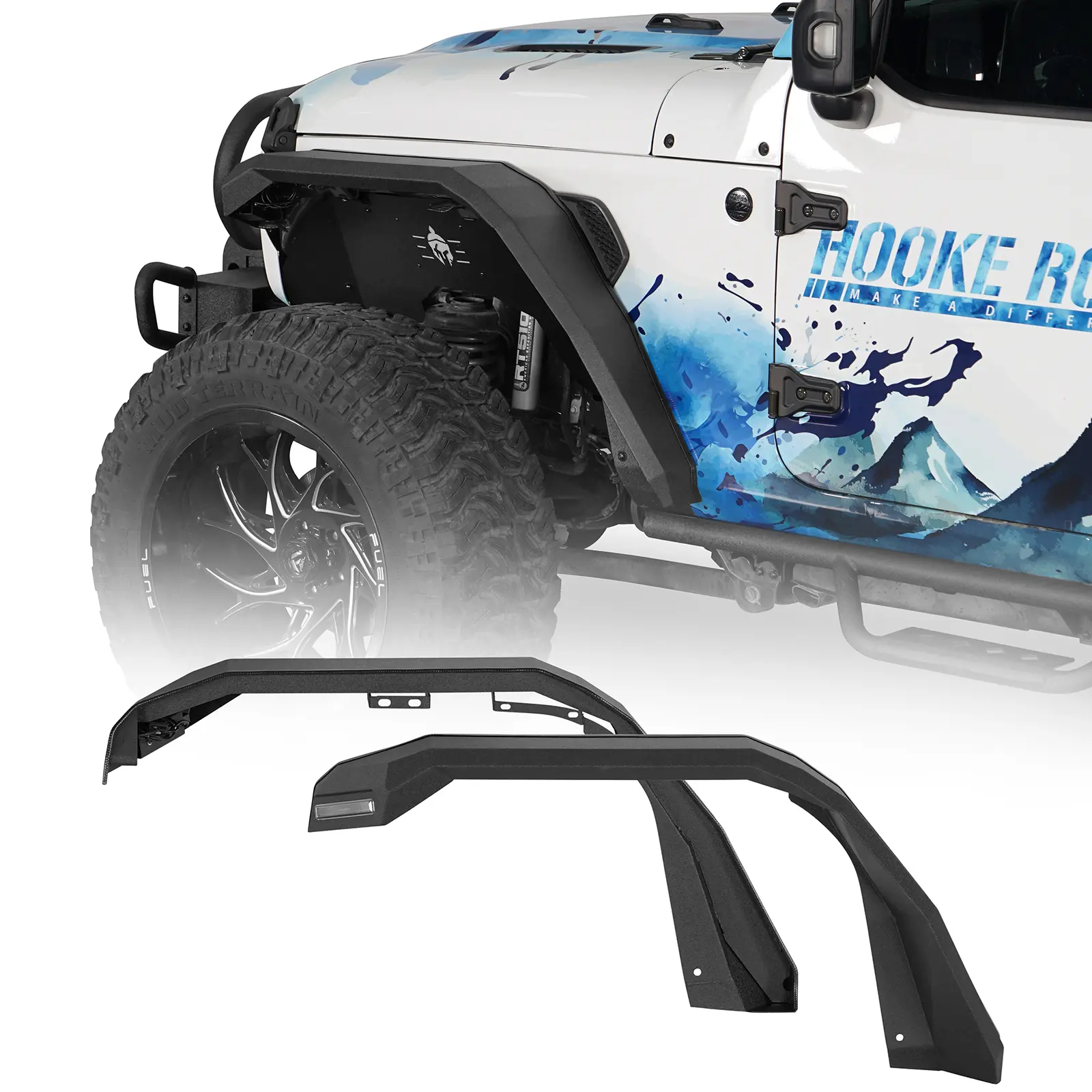 Hooke Road Rubber & Heavy-Duty 16-Gauge Steel Flat Front Fender Flares with 2 LED Turn Signal Lights, 6.8-in Width, Extra Protection, Additional Tire Coverage & About 40 lbs for 2018-2026 Jeep Wrangler JL, 2020-2026 Gladiator JT, Premium E-Coating Process